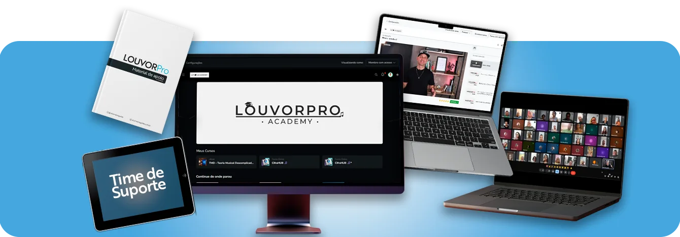 Área de membros do LouvorPRO, material de apoio, aulas ao vivo e time de suporte
